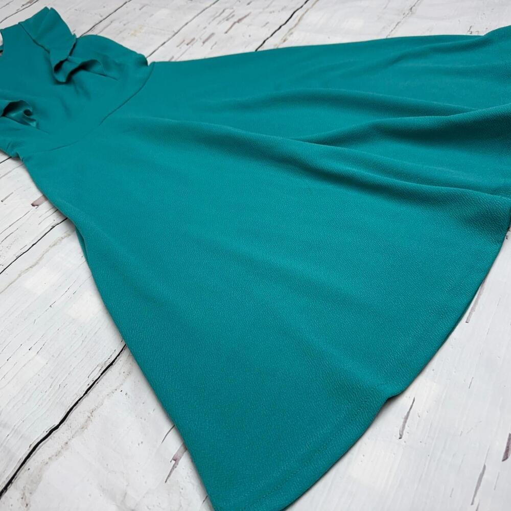 Yathon Ruffle Fit Flare Dress Stretch Crepe Teal Small Elegant Chic - Picture 3 of 9